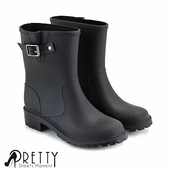 【Pretty】側扣裝飾中筒雨靴EU36黑色