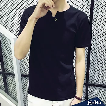 短袖V領造型單釦T恤 五色-HeHa-XL（黑色）