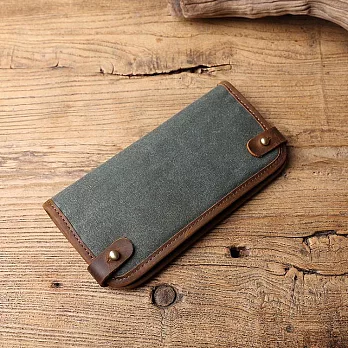 【Solomon皮件】簡約機能帆布 真皮牛革皮釦式長夾 功能長夾青綠