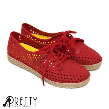 【Pretty】洞洞防水綁帶休閒鞋/雨鞋EU36紅色