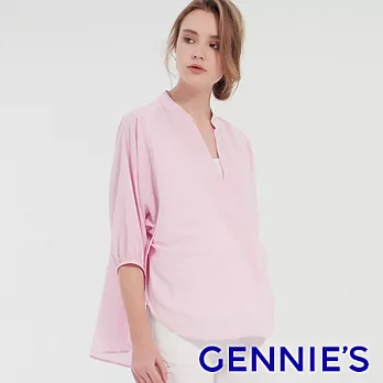 【Gennies奇妮】純棉條紋立領燈籠袖哺乳衣-粉白條