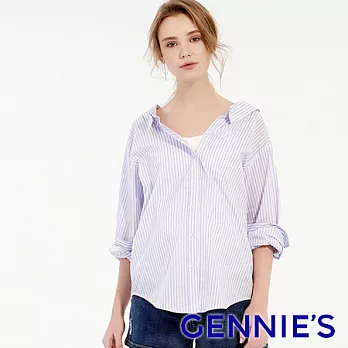 【Gennies奇妮】兩穿式直條抓皺排釦襯衫M淺藍條紋