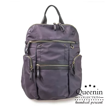 DF Queenin日韓 - 日本人氣輕尼龍牛皮多收納式後背包-共3色紫色