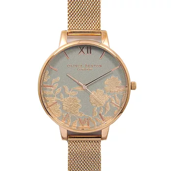 Olivia Burton 英倫復古手錶 蕾絲花卉細節錶面 玫瑰金米蘭金屬錶帶38mm