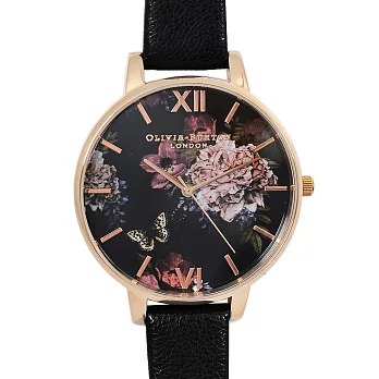 Olivia Burton 英倫復古手錶 夜空華麗花園 玫瑰金框黑色皮革錶帶38mm