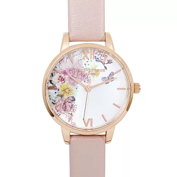 Olivia Burton 英倫復古手錶 魔法花園 玫瑰金框粉色環保皮革錶帶30mm