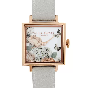 Olivia Burton 英倫復古手錶 蝴蝶牡丹花方形錶盤 灰色真皮錶帶玫瑰金框22.5mm