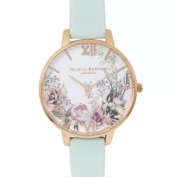 Olivia Burton 英倫復古手錶 魔法花園 粉綠色真皮錶帶玫瑰金框38mm