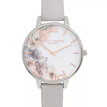 Olivia Burton 英倫復古手錶 花園水彩系列 淺灰紫真皮錶帶銀框38mm