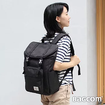 Bagcom 麻感雙釦後背包(14’’ Laptop OK)-麻黑