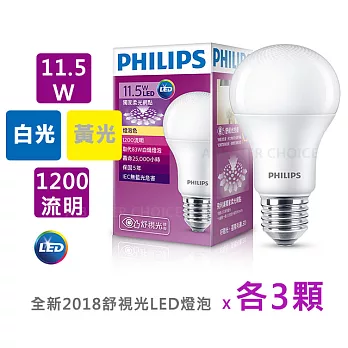 【6入組】【飛利浦 PHILIPS】LED廣角燈泡 11.5W1200lm 全電壓白光3黃光3