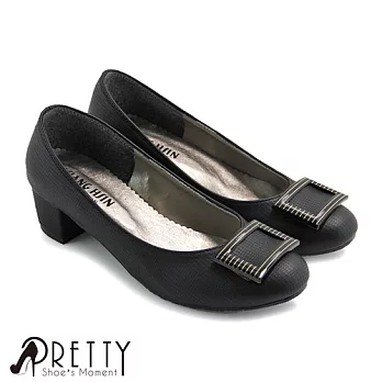 【Pretty】知性橫條方框壓紋中粗跟包鞋JP24黑色