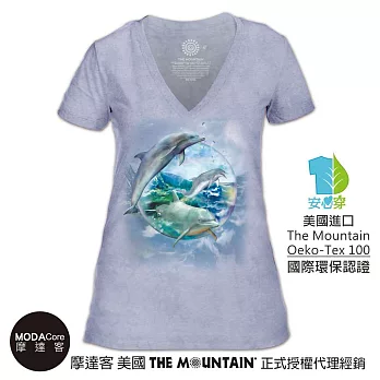 【摩達客】美國The Mountain都會系列 海豚水晶球 V領藝術修身女版短袖T恤 個性時尚 輕透柔軟舒適高級混紡-預購成人S號