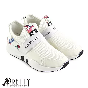 【Pretty】個性印花拼接網布休閒鞋EU37白色