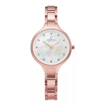 OBAKU 奢華水晶珍珠母貝精緻腕錶-玫瑰金x白