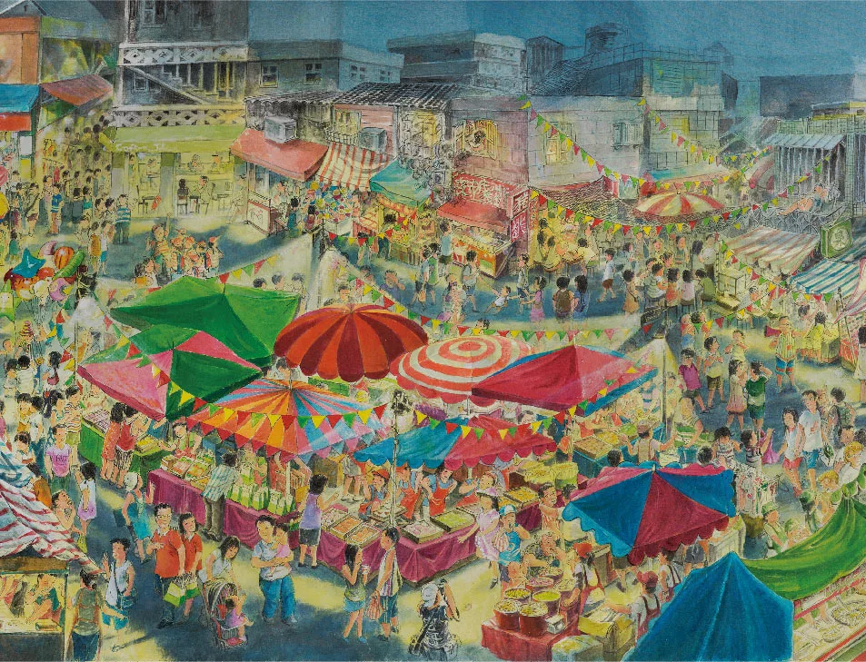 一個市鎮一天光景的變化，在這巨幅的創作上，呈現出台灣人在土地上的生活百態