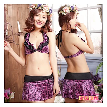 【蜜糖派對 Sweet Angel】個性魅力風,兩件式比基尼泳衣組(花紋,深紫-裙)#0050