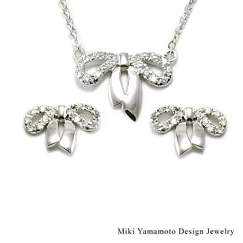 【山本美樹】真愛蝴蝶結 奧地利水晶鑽項鍊針式耳環套組(銀色)
