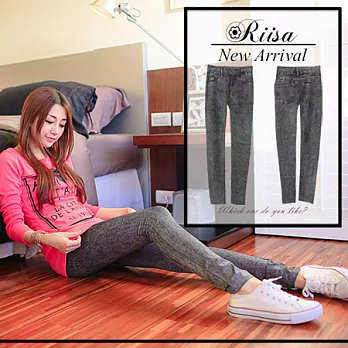 梨衣莎★彈性仿牛仔雜染印花內搭褲FREE灰色