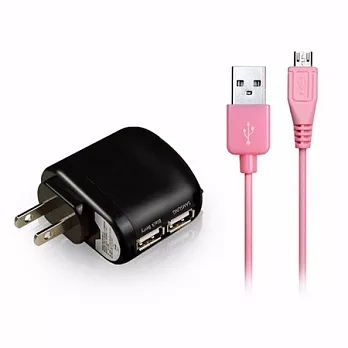 多彩 USB2.0 轉 Micro USB充電傳輸線(1M)+aibo AC電源轉USB 2PORT充電器-3100mA粉紅傳輸線