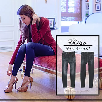 【梨衣莎】超顯瘦仿牛仔刷色深色印花內搭褲FREE牛仔藍