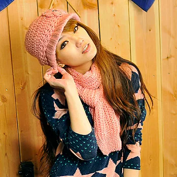 【Lady c.c.】水晶鑽飾編織花朵毛帽+圍巾套件組(深粉)