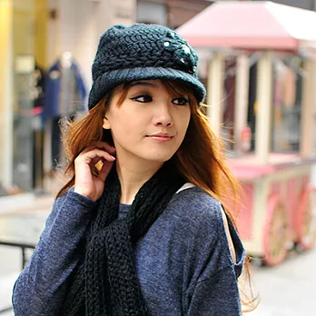 【Lady c.c.】水晶鑽飾編織花朵毛帽+圍巾套件組(黑)