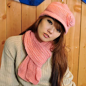 【Lady c.c.】暖綿編織花朵毛帽+圍巾套件組(深粉)