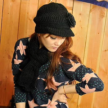 【Lady c.c.】暖綿編織花朵毛帽+圍巾套件組(黑)