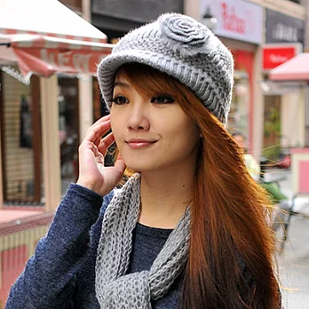 【Lady c.c.】暖綿編織花朵毛帽+圍巾套件組(灰)