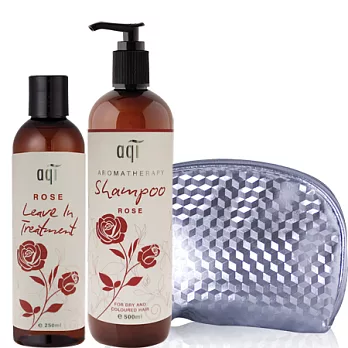 【aqi潔麗雅】大馬士革玫瑰精油洗髮.護髮組(洗髮露500ml+免沖護髮250ml+銀采半月包)