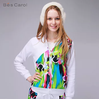 【Bés Carol】女式印花相拼連帽運動外套S白