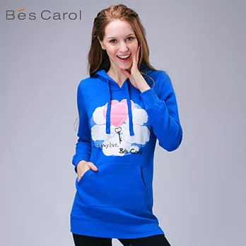 【Bés Carol】女式長款貼袋連帽衛衣S藍