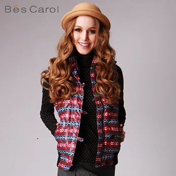 【Bés Carol】女式印花可脫卸帽羽絨背心外套S紅