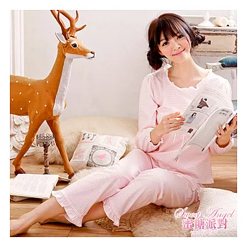 蜜糖派對 秋冬睡衣-簡約條紋棉質兩件式睡衣(粉)F(M~L)