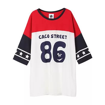 【CACO】CACO ST.美式街頭.86拼接長版寬上衣(女)FREE紅色