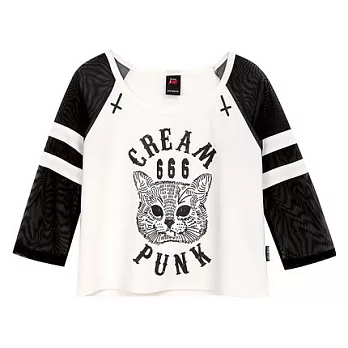 【CACO】CREAM PUNK. 貓咪拼接透視七分袖短版上衣(女)FREE白