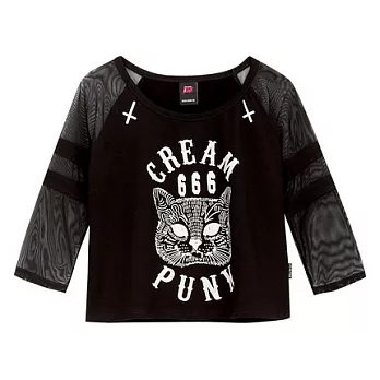 【CACO】CREAM PUNK. 貓咪拼接透視七分袖短版上衣(女)FREE黑