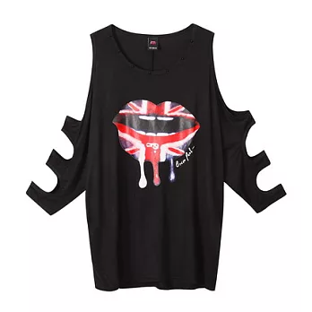 【CACO】CREAM PUNK.國旗唇鉚釘膠印挖肩上衣(女)FREE黑