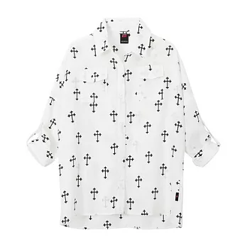 【CACO】CREAM PUNK.十字架雪紡長袖襯衫(女)FREE白