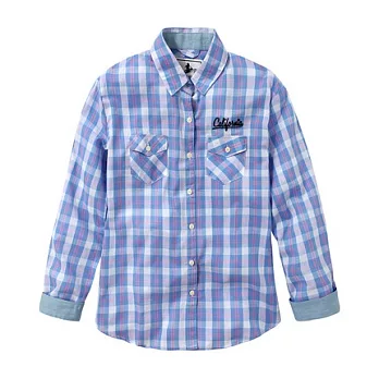 【CACO】CACO SURF.美式休閒.繡花棉麻格子長袖襯衫(女)S淺藍