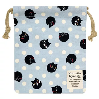 San-X 小襪貓貓咪黑圓點系列棉布束口袋。藍