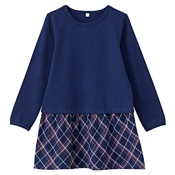 [MUJI無印良品]兒童有機棉輕鬆活動舒適拼接二重紗織長版衫130深藍格紋