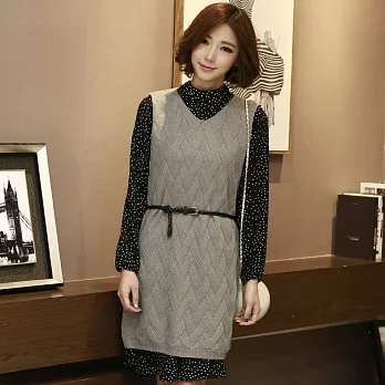 【模兒空間AMOR SPACE】小香風圓點點雪紡流蘇針織衫洋裝兩件組 607640001FREE灰