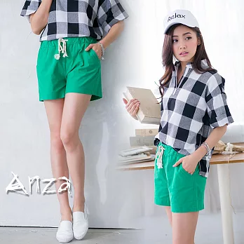 【AnZa】棉麻拉繩綁帶短褲(5色) L綠色