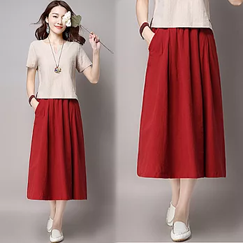 【NUMI】森-棉麻百搭文藝純色大擺鬆緊腰半身裙-共4色(M-2XL可選)M酒紅色