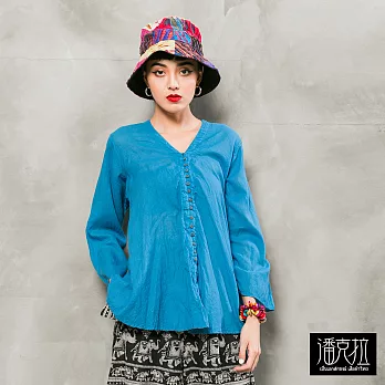 【潘克拉】V領素色寬版長T(2色)-F FREE藍