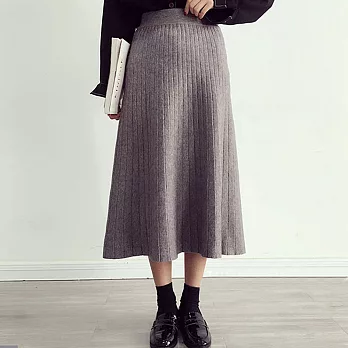 【MsMore】韓版鬆緊腰頭坑條紋毛織長裙610410002M灰