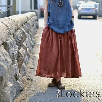 【Lockers 木櫃】純色棉麻背心VS百褶半身長裙(單售橘紅裙)