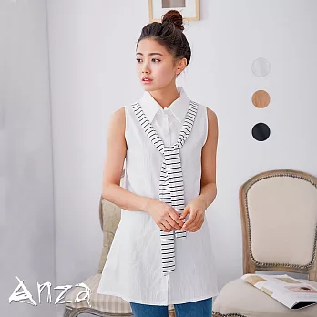 【AnZa】棉麻假領巾無袖長版襯衫(3色) FREE白色